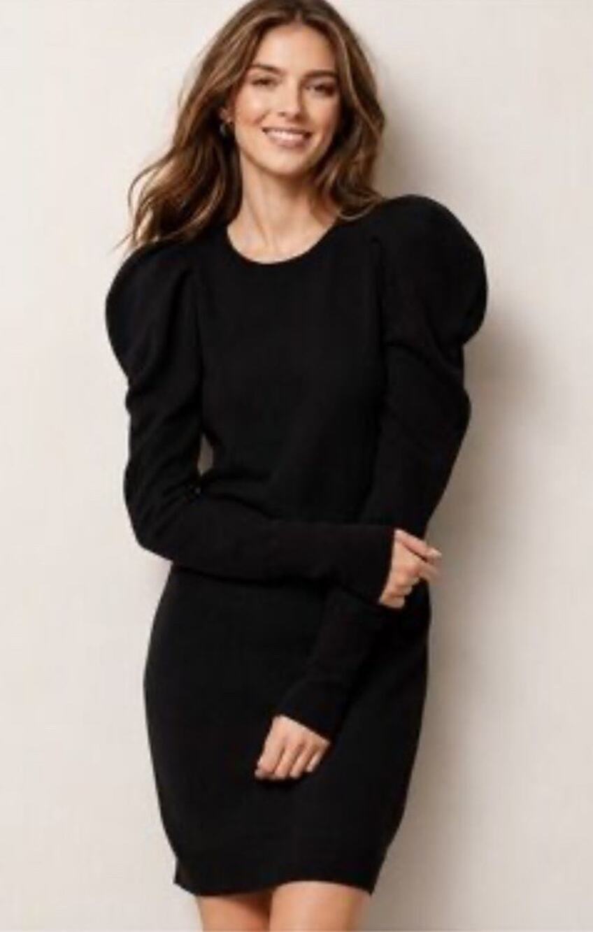 Autumn Cashmere Exposed Seam Dress L Black 100% Cashmere Puff Sleeve Mini